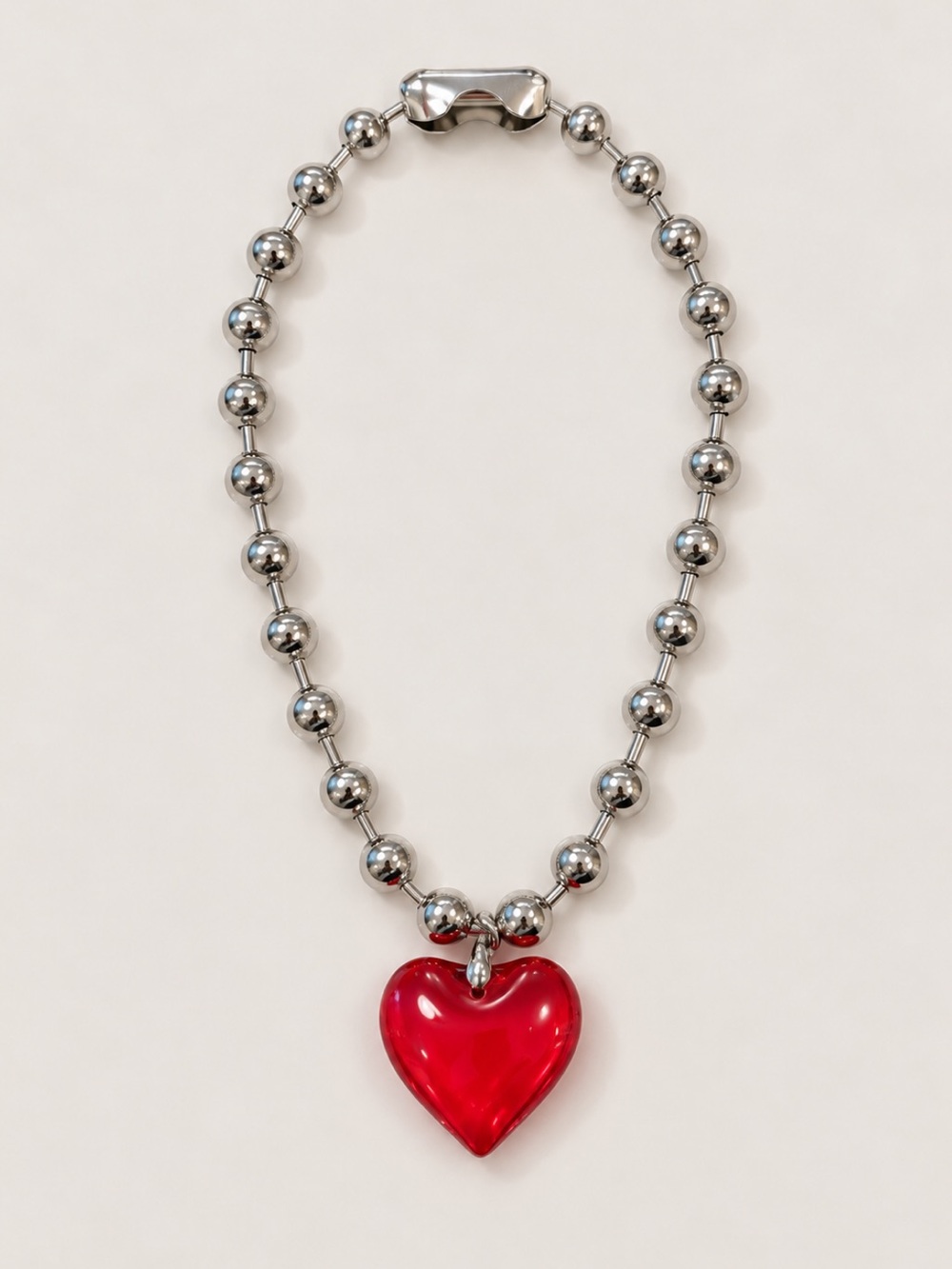 New! Silver Beaded Red Lucite Heart Necklace NWOT 4009